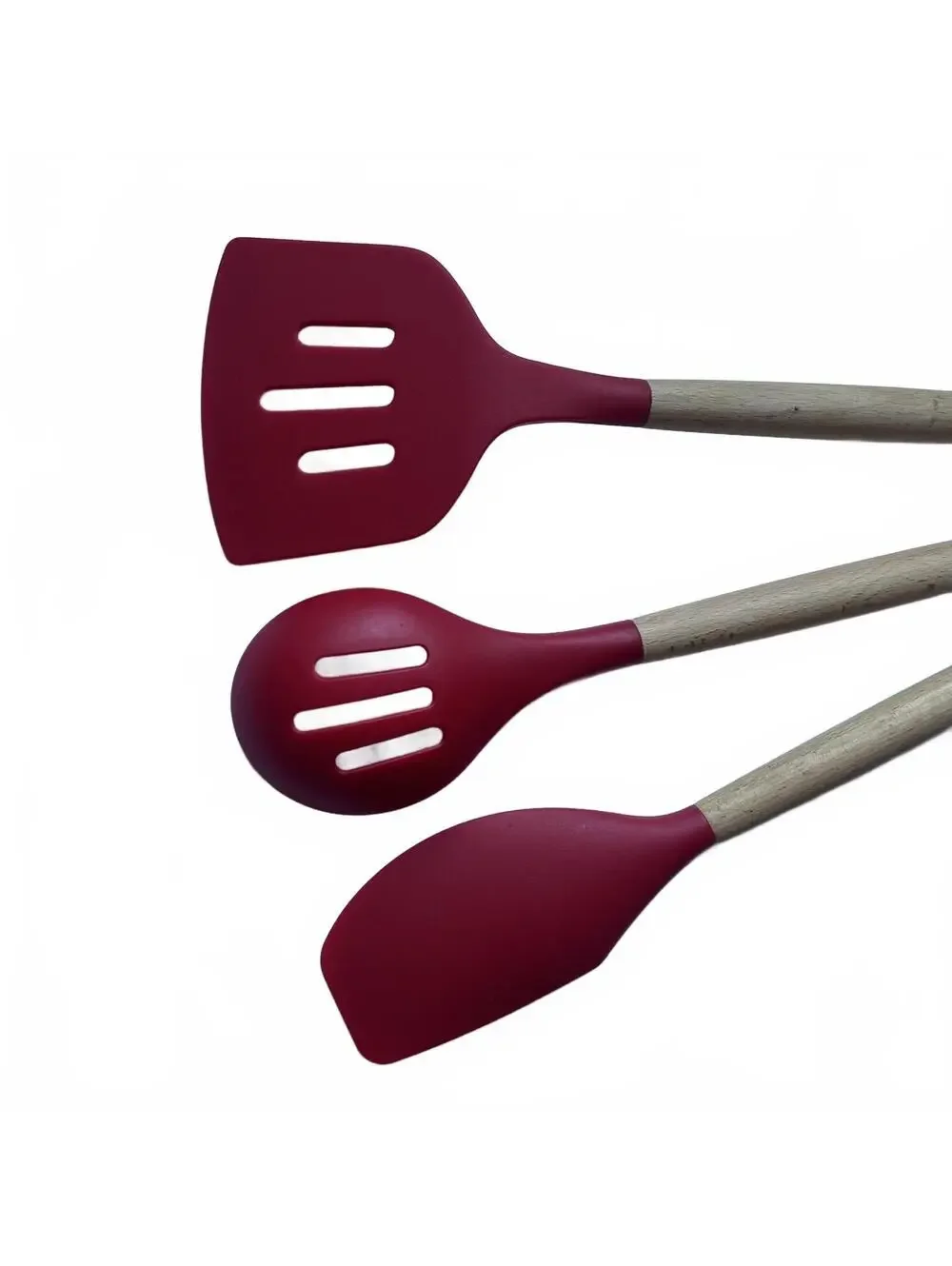 Sur La Table Utensil Set 3 piece Red Silicone Heads Natural Wooden Handles
